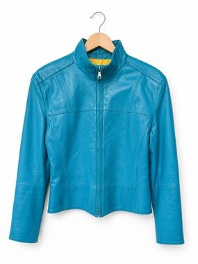 Andrew Marc New York Teal Blue Genuine Leather Jacket Size Small Moto Zip Jacket